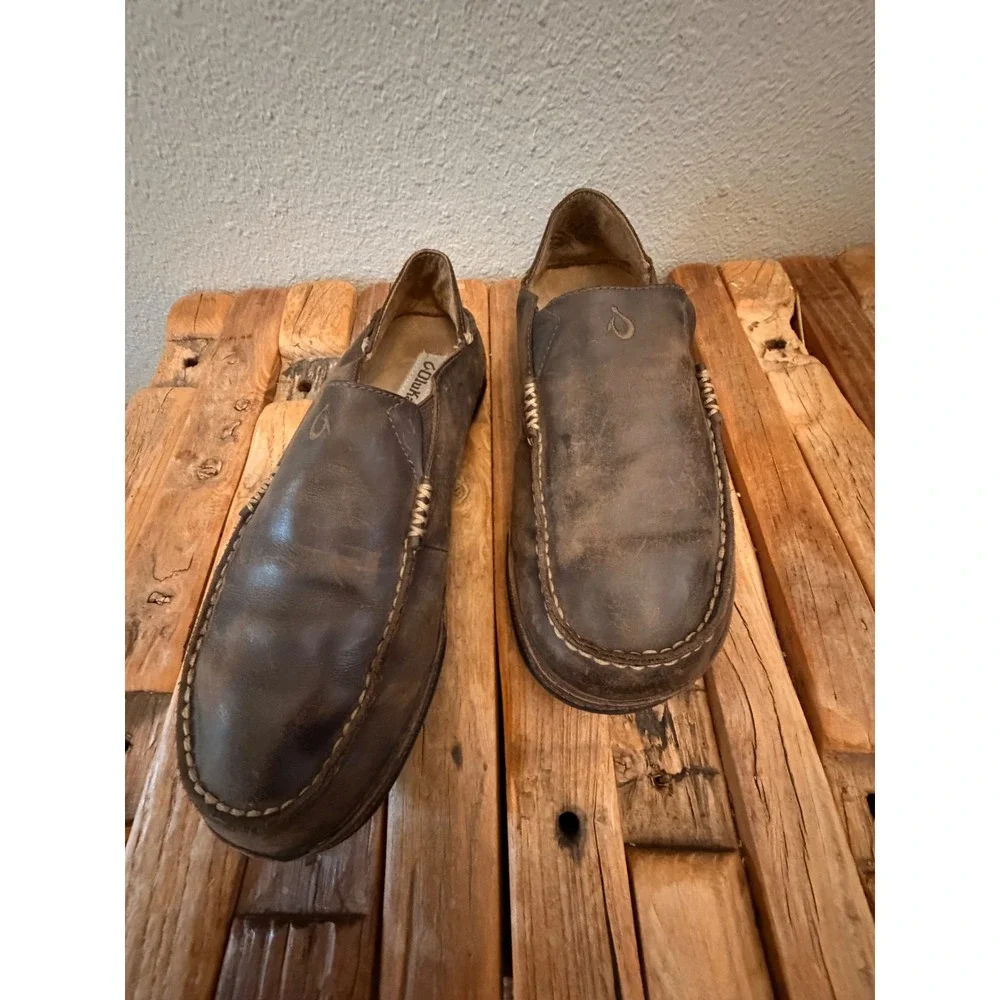 OluKai Moloa Slip On Shoes Size 9 Brown Leather Drop-In Heel Loafers 10128-6348